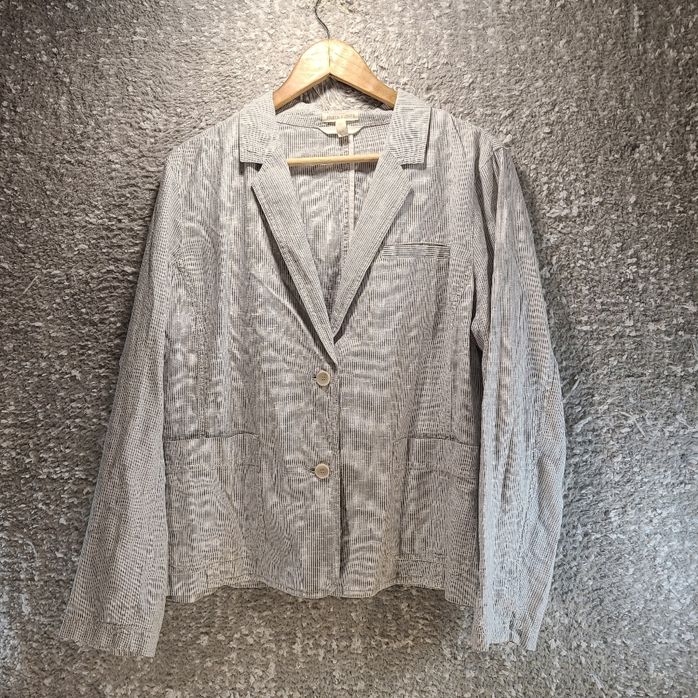 Eileen Fisher Women Gray White Striped Blazer‎ Hemp Organic Cotton Lightweight L